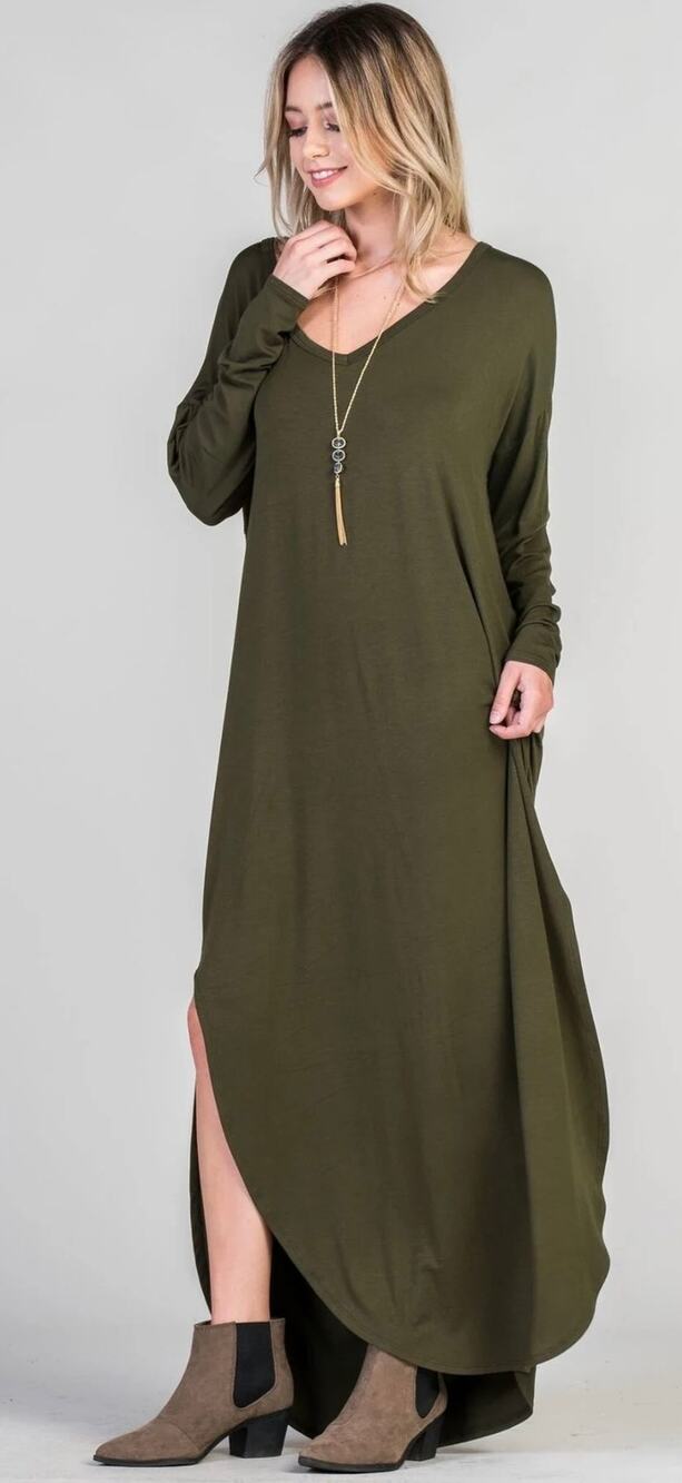 Mittoshop Olive Jersey Long Sleeve Maxi Dress with Pockets XL NWOT